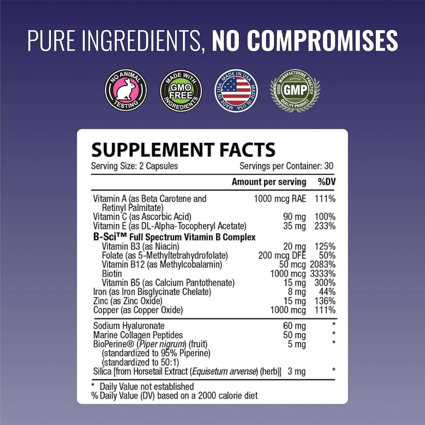 Approved Science Hair, Skin and Nails Supplement - Biotin, Collagen, Vitamin B Complex, Silica, BioPerine (60 Capsules) - görsel 4