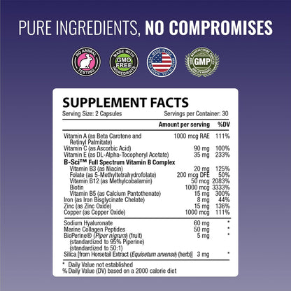 Approved Science Hair, Skin and Nails Supplement - Biotin, Collagen, Vitamin B Complex, Silica, BioPerine (60 Capsules)