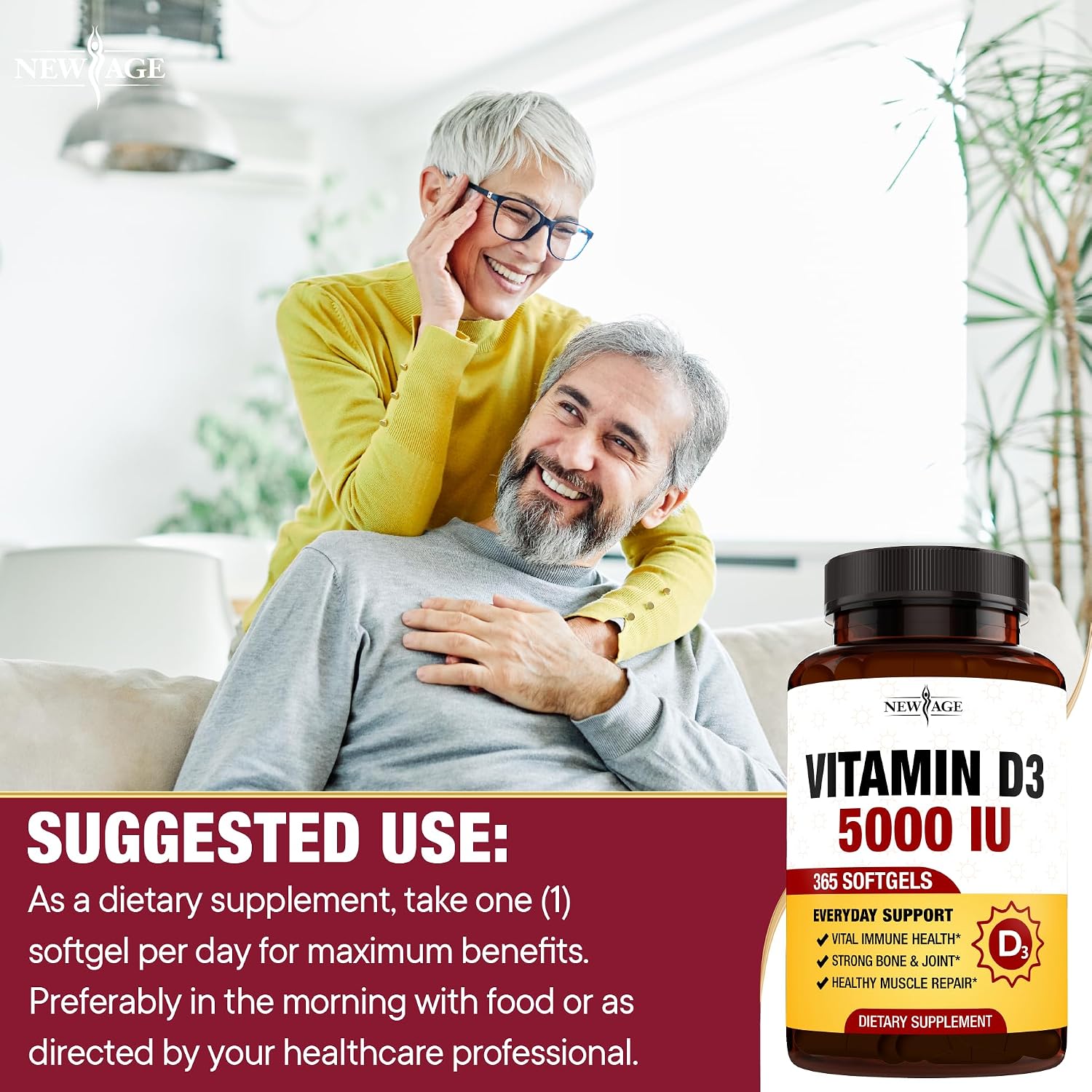 NEW AGE Vitamin D3 5000 IU 125mcg Soft gel capsules - Immune Support and Bone Health, Non-GMO, Gluten-free, 1 Year's Supply (360 Soft gel capsules) - görsel 6