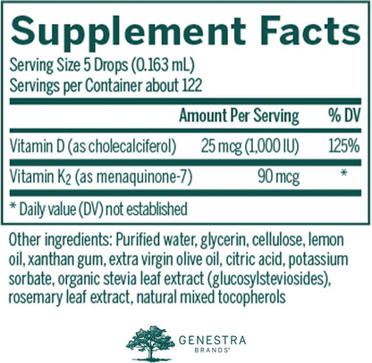 Genestra Brands D3 K2 Mulsion - Liquid Vitamins D3 and K2 for Bone Health - Natural Lemon - 122 Servings