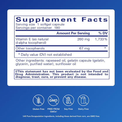 Pure Encapsulations Vitamin E (with Mixed Tocopherols) - Antioxidant Support & Immune Function - 180 Softgels