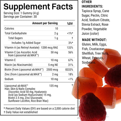 Haroutine Liposomal Biotin Gummies for Hair, Skin & Nails, 2500 mcg Biotin, 1200 mcg Vitamin A & 2 mg Vitamin E, Raspberry Rose Flavour, 30 Servings