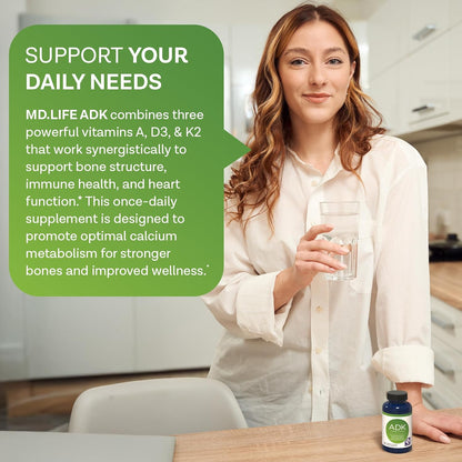 MD.LIFE ADK Vitamin Supplement – Vitamin D3, K2 and A Complex – 90 Capsules