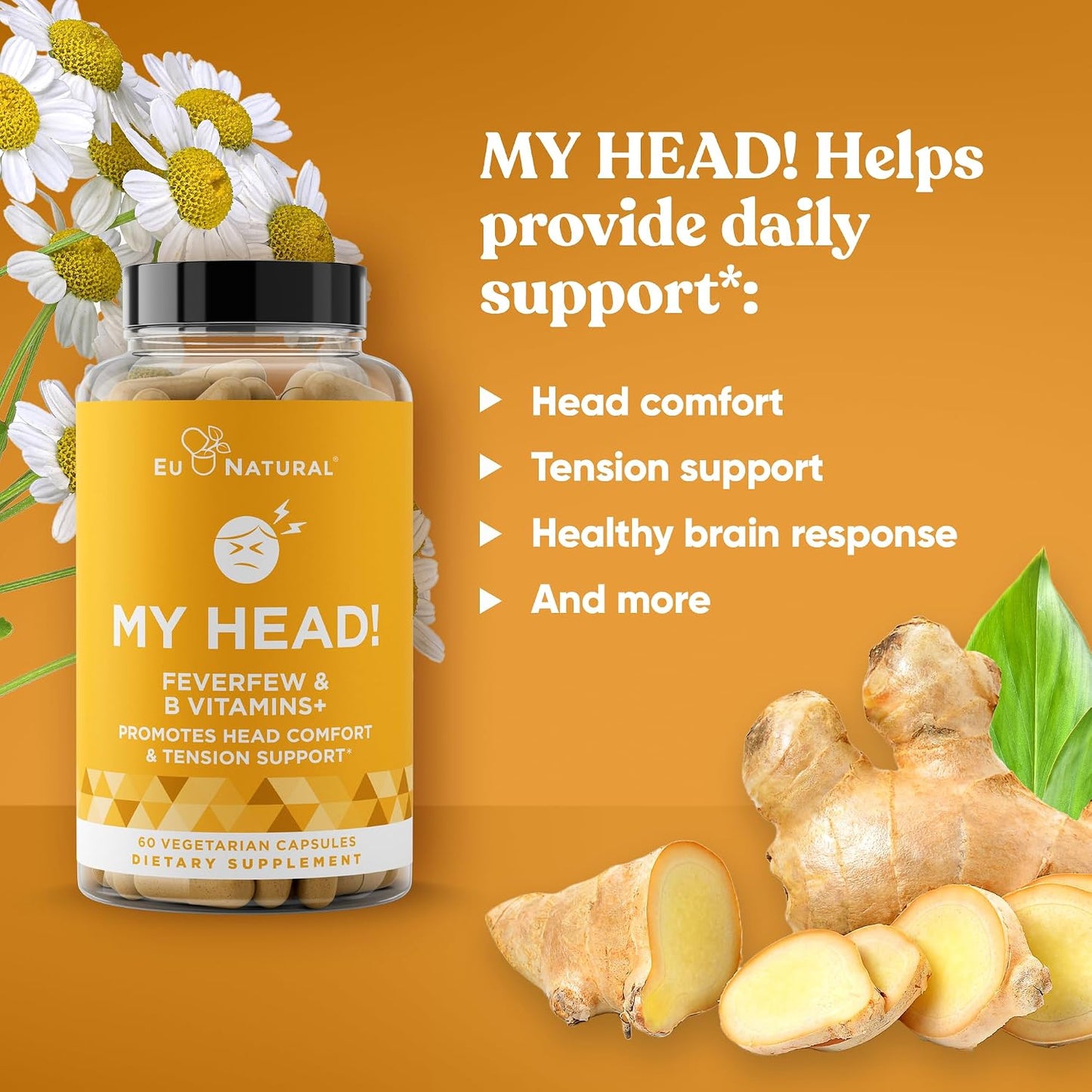 My Head! Headache Vitamins – Sensitivity, Tension, Comfort, Normal Head Function for a Clear Mind – Fast-Acting Magnesium, Feverfew, Boswellia, Vitamin D, Ginger and More – 60 Soft Capsules - görsel 4