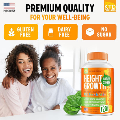 KTD BIOLABS Kids Height Growth Support Capsules – Extended Supply Development Formula with Calcium, Vitamin D3 & Zinc – Bone & Nutrition Support for Kids & Teens – Amino Blend – 120 Capsules