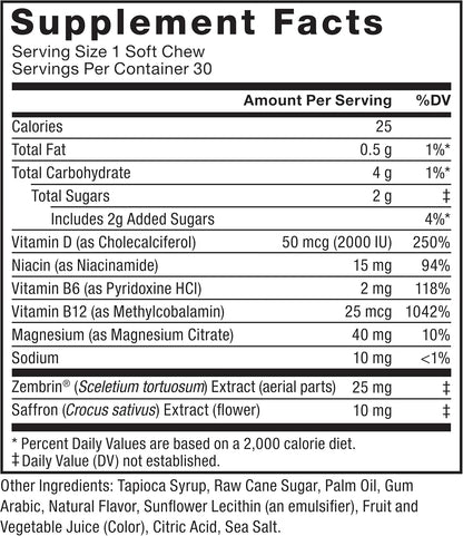 Force Factor Happy Mood Soft Chews - Mood Support Supplement with Magnesium, Saffron & Zembrin, Tropical Flavour, 30 Chews