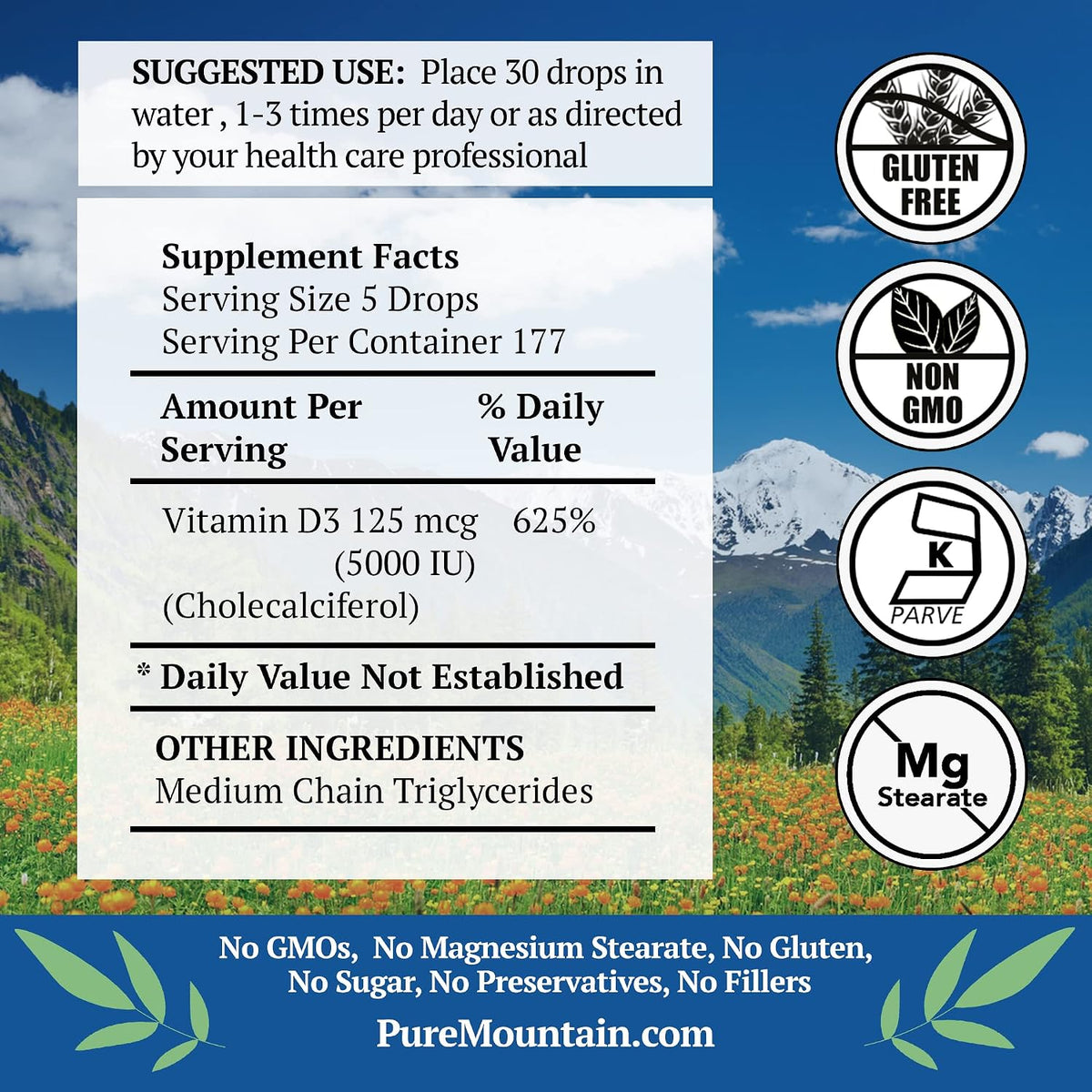 Pure Mountain Botanicals Vitamin D3 Liquid Drops 5000 IU (125 mcg) – Kosher, Non-GMO, Gluten-Free, Unflavoured, 177 Servings - görsel 3