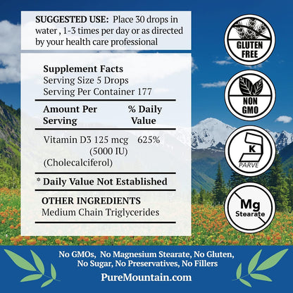 Pure Mountain Botanicals Vitamin D3 Liquid Drops 5000 IU (125 mcg) – Kosher, Non-GMO, Gluten-Free, Unflavoured, 177 Servings