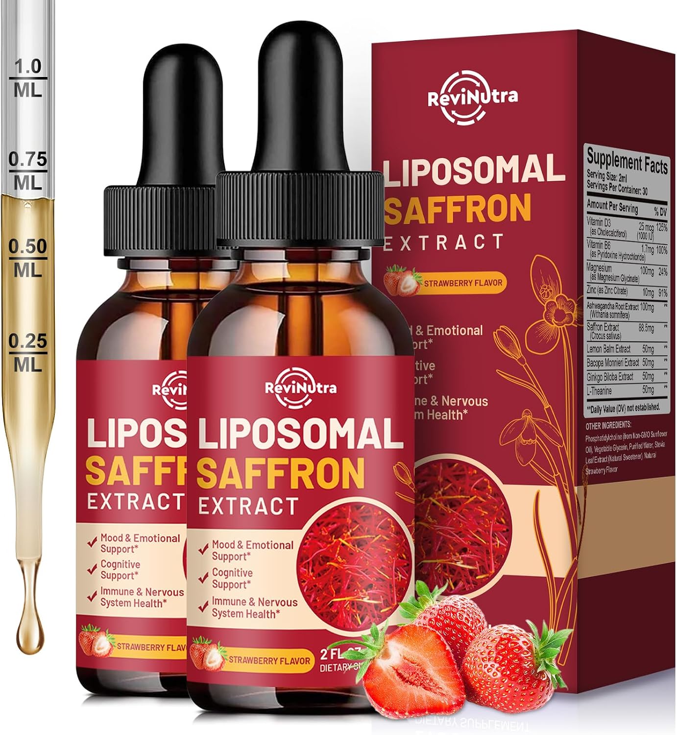 ReviNutra Saffron Liposomal Liquid Drops - 88.5mg Saffron Extract with Ashwagandha, Magnesium, L-Theanine, Zinc, B6 & D3 - Mood, Stress, Focus and Vision Support - Strawberry Flavour - 60 ml - görsel 8
