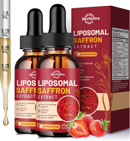 ReviNutra Saffron Liposomal Liquid Drops - 88.5mg Saffron Extract with Ashwagandha, Magnesium, L-Theanine, Zinc, B6 & D3 - Mood, Stress, Focus and Vision Support - Strawberry Flavour - 60 ml