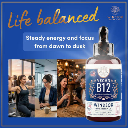 WINDSOR BOTANICALS Vegan Vitamin B12 Liquid – Max Strength 5000 mcg Methylcobalamin Sublingual Drops – Citrus Flavour