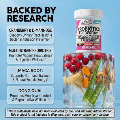 Clean Nutraceuticals ProbioBloom Probiotics for Women with D-Mannose & Cranberry - 60 Capsules