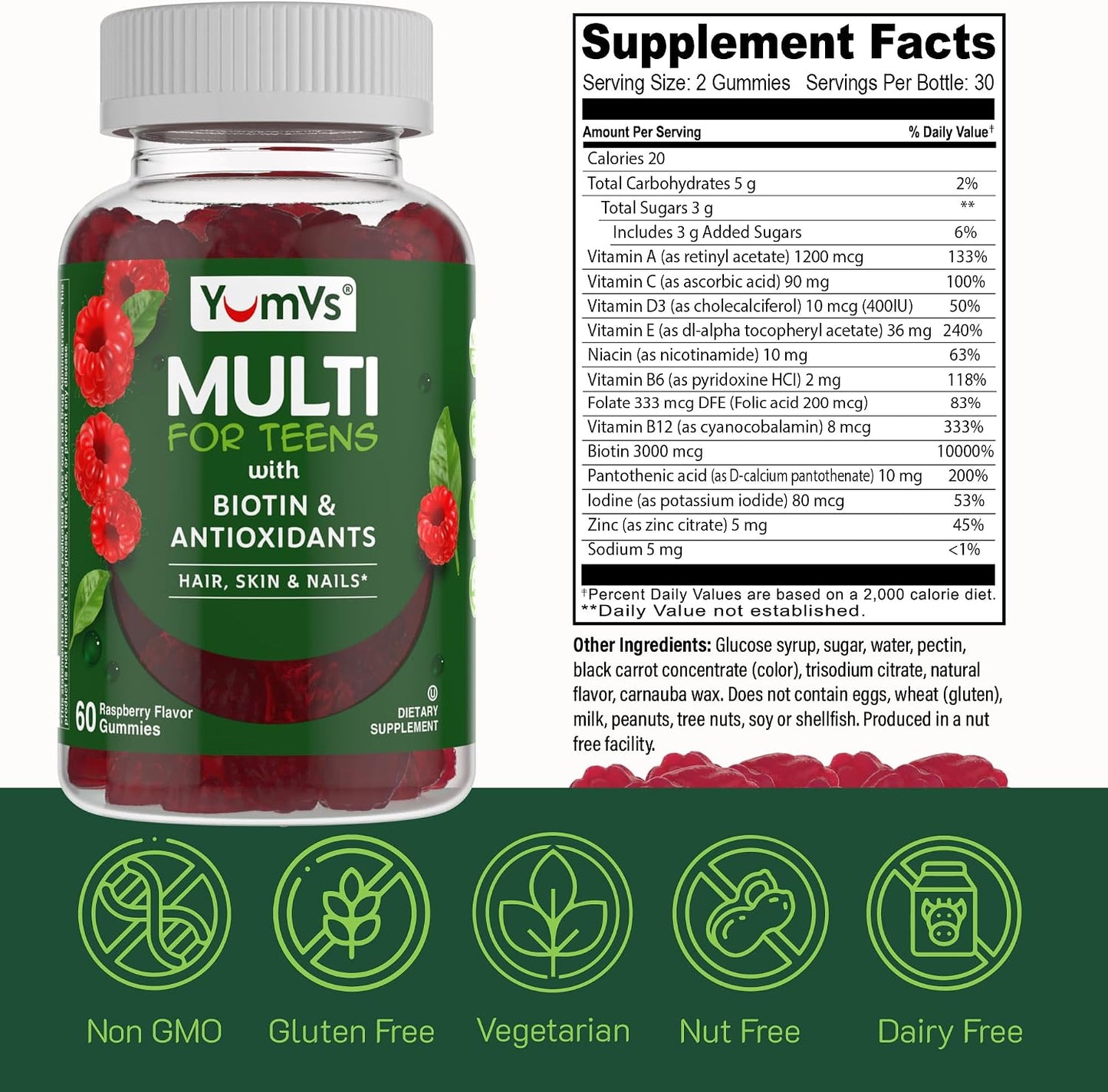 YUM-V'S Teen Multivitamin Gummies with Biotin & Antioxidants – Raspberry – 60 Gummies - görsel 5