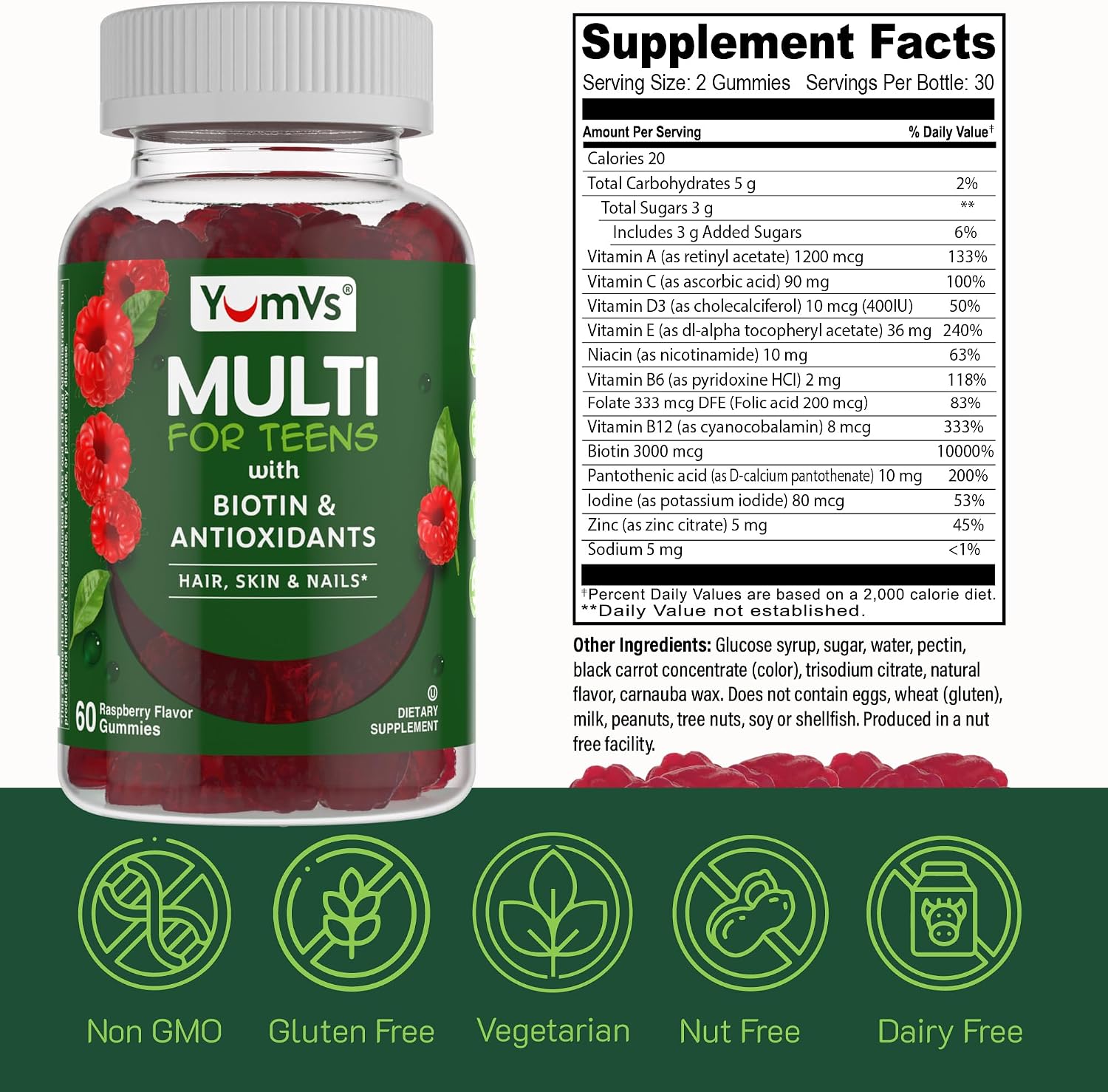 YUM-V'S Teen Multivitamin Gummies with Biotin & Antioxidants – Raspberry – 60 Gummies - görsel 5