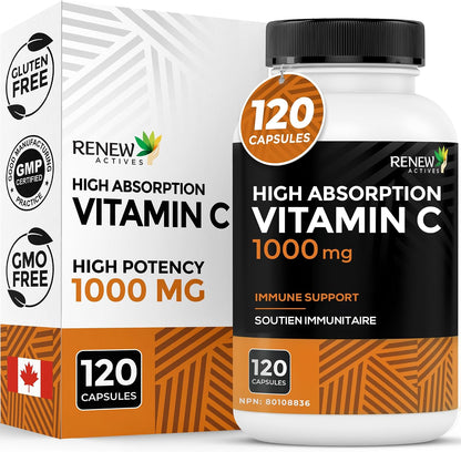 RENEW ACTIVES Maximum Strength Vitamin C 1000mg per Capsule – Antioxidant & Immune Support – Non-GMO, Sugar-Free – 120 Capsules