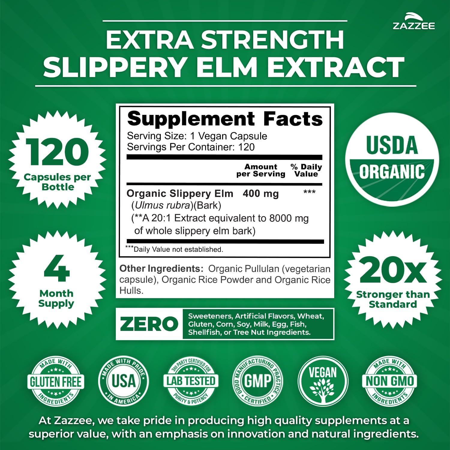 Zazzee USDA Organic Slippery Elm Bark 20:1 Extract, 120 Vegan Capsules - görsel 3
