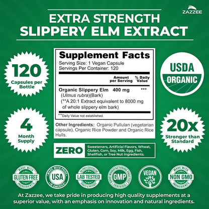 Zazzee USDA Organic Slippery Elm Bark 20:1 Extract, 120 Vegan Capsules