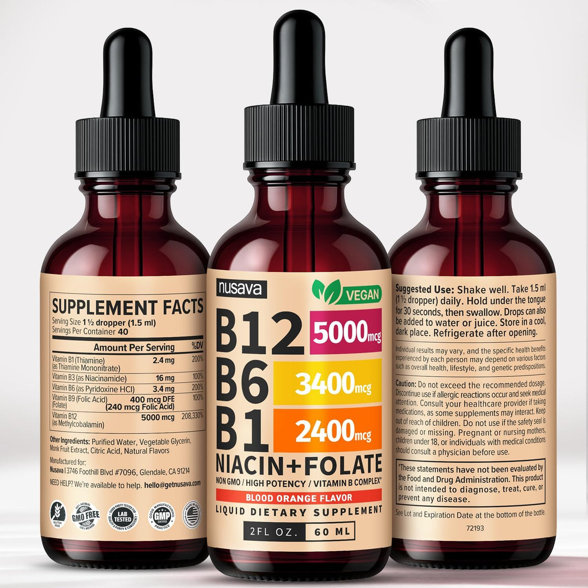 NUSAVA Vitamin B1 (Thiamine) & B12 Liquid Drops – Sublingual Methylcobalamin B Complex – Vegan, Non-GMO, Gluten-free – Crimson Orange (2-Pack, 60 ml each) - görsel 9
