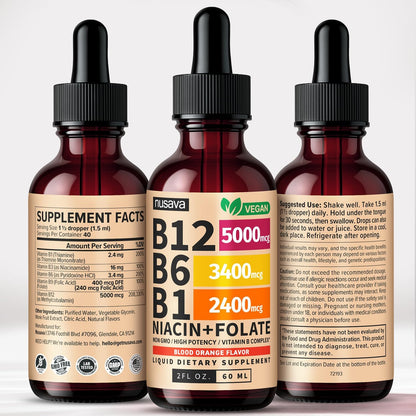 NUSAVA Vitamin B1 (Thiamine) & B12 Liquid Drops – Sublingual Methylcobalamin B Complex – Vegan, Non-GMO, Gluten-free – Crimson Orange (2-Pack, 60 ml each)