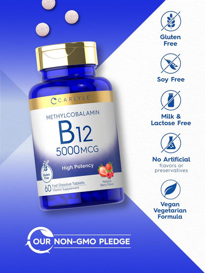 Carlyle Methylcobalamin Vitamin B12 5000mcg - 60 Fast Dissolving Tablets - Vegetarian, Non-GM & Gluten-free