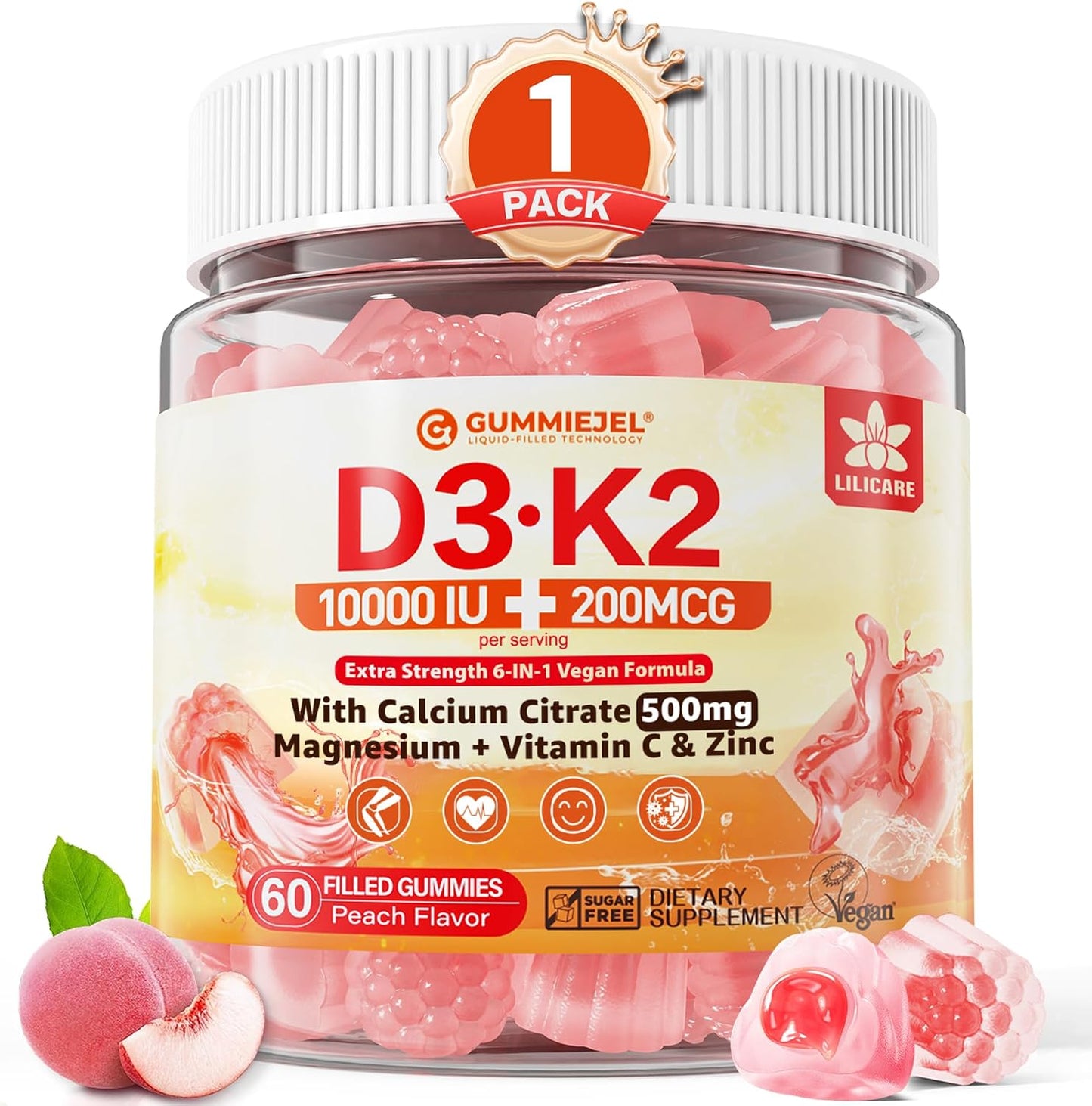Vitamin D3 K2 Gummies with Calcium, Magnesium, Zinc - 5000 IU / 10,000 IU - Vegan, Sugar-Free, 60 Count - görsel 1