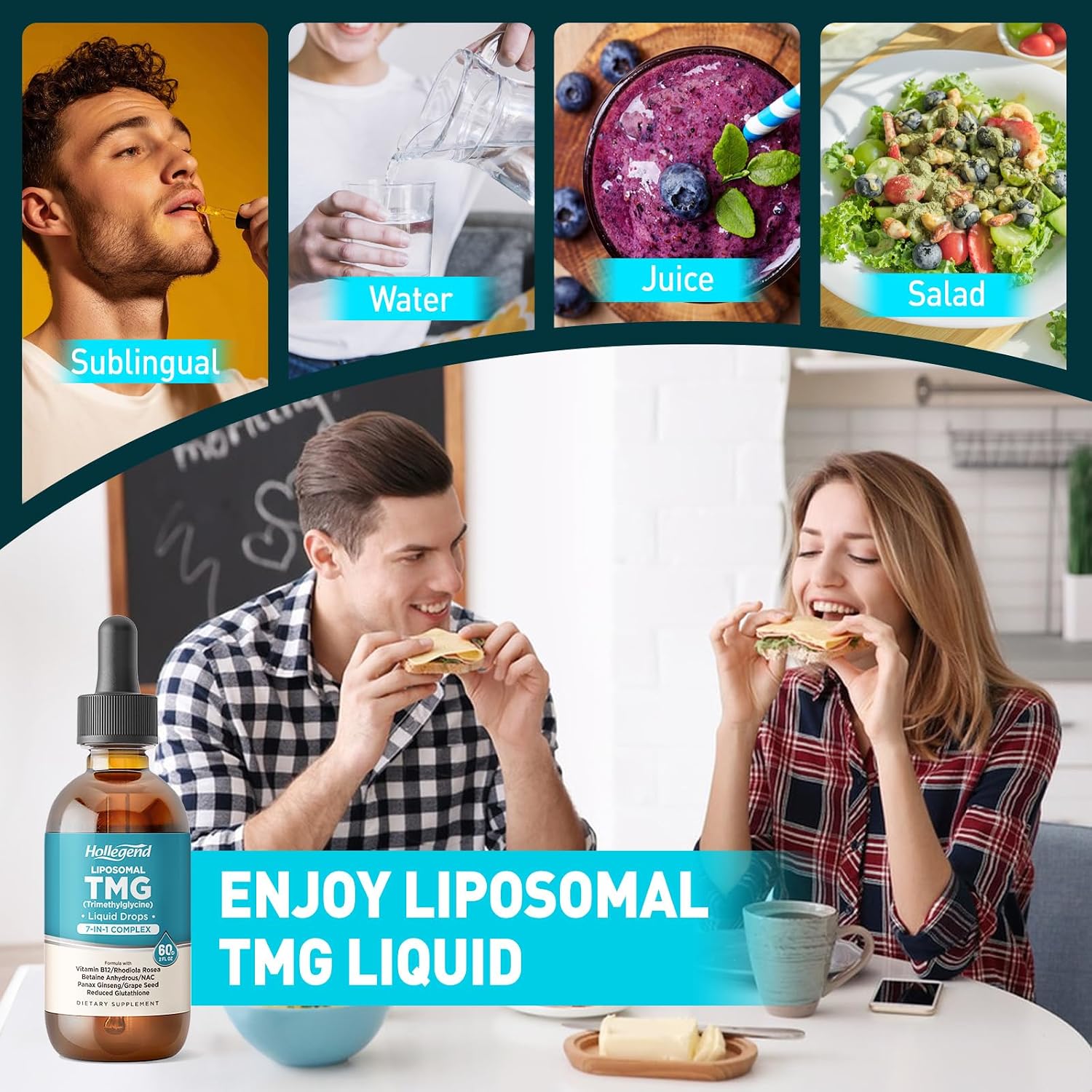 HOLLEGEND Liposomal TMG Supplement Liquid Drops - 1000 mg Trimethylglycine (Betaine Anhydrous) for Methylation Support - Non-GM, Vegan, Blueberry Flavour - 60 ml - görsel 7