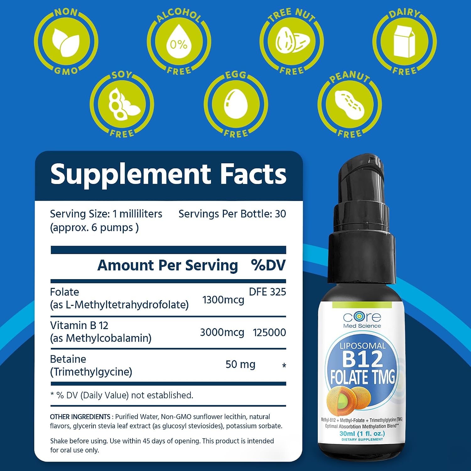 Core Med Science Liposomal B12 Folate TMG Liquid Spray - görsel 3