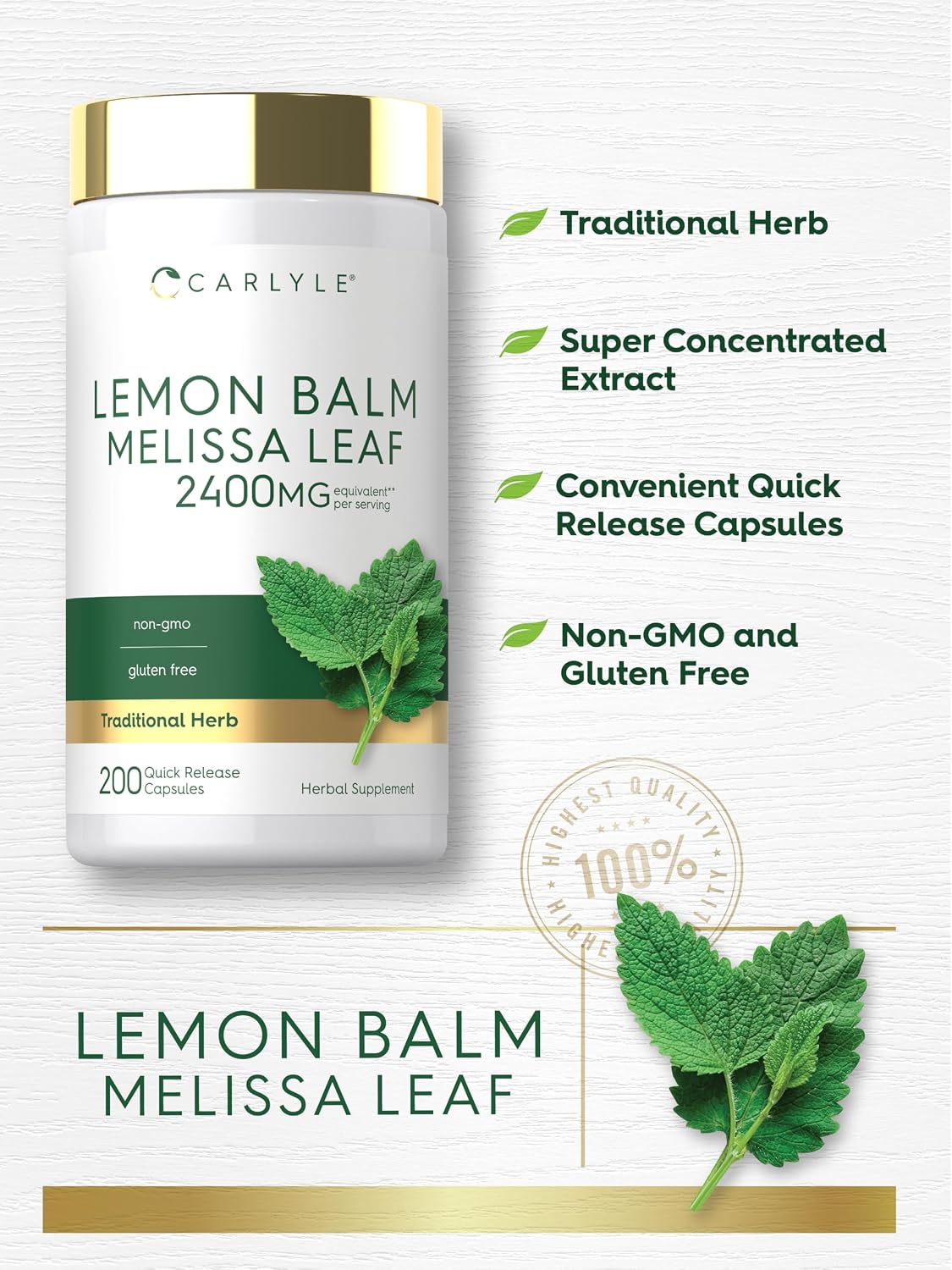Carlyle Lemon Balm Capsules - 200 Count - Melissa Leaf Traditional Herbal Supplement - Super-Concentrated Extract - Non-GMO and Gluten-free - görsel 4
