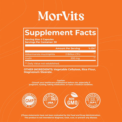 Morvits Akkermansia Probiotic with Prebiotic Fibre - 60 Capsules