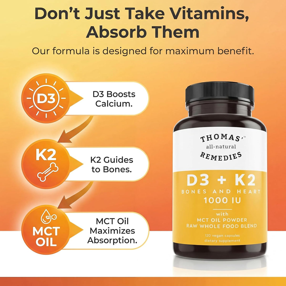 Thomas' All-Natural D3 + K2 with MCT Oil & Raw Whole Food Blend, 1000 IU, Vegan, 120 Soft gel capsules - görsel 4