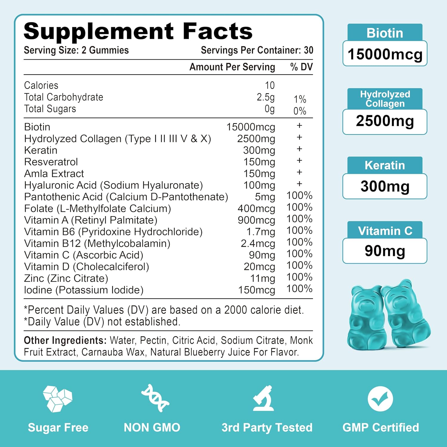 Vazatisi Biotin with Collagen Gummies - Hair, Skin & Nails Supplements - Sugar Free, Blueberry Flavour, 60 Count - görsel 7
