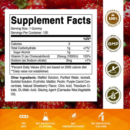 Vitamatic Sugar Free Vitamin D3 Gummies - 1000 IU - Pectin Based - Non-GMO - 120 Gummies