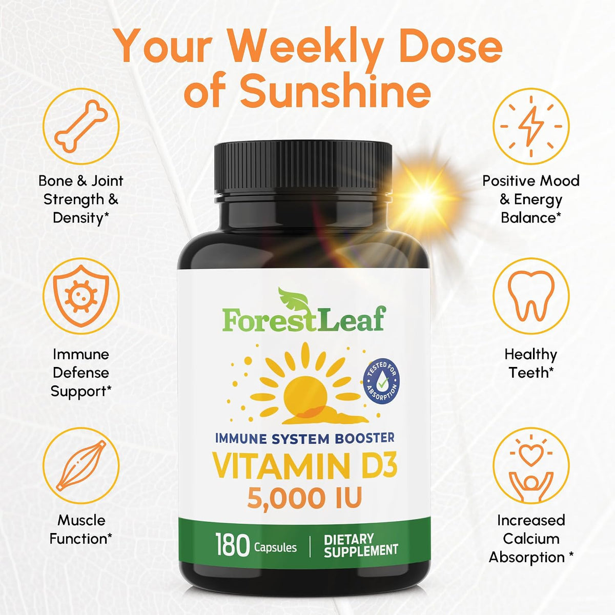 ForestLeaf Vitamin D3 5000 IU, 180 Vegetarian Capsules - görsel 2