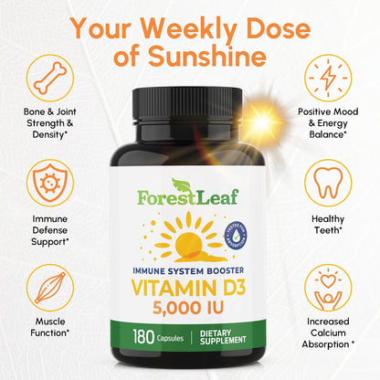 ForestLeaf Vitamin D3 5000 IU, 180 Vegetarian Capsules