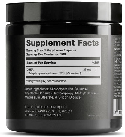 Toniiq Ultra High Strength DHEA 25mg Supplement – 99%+ Purified Micronised DHEA for Men and Women – 180 Capsules