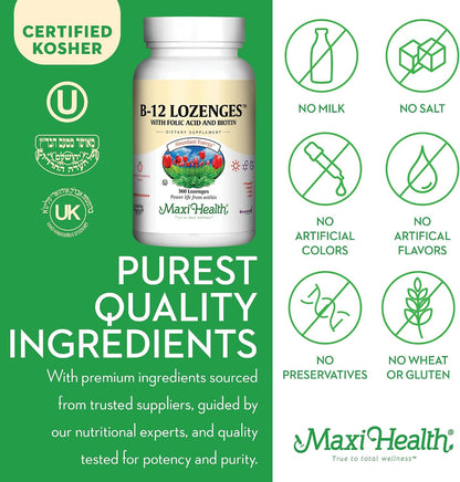 Vitamin B12 Lozenges with Folic Acid and Biotin - Sublingual Strawberry Flavour - 360 Lozenges