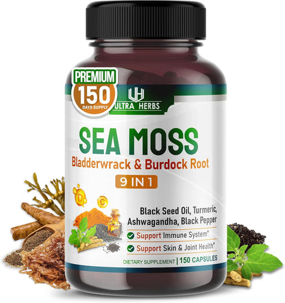 Ultra Herbs Sea Moss Capsules with Black Seed Oil, Ashwagandha, Vitamin D3 & C, 12-in-1 Immune & Overall Wellness Support, 150 Capsules