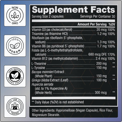 NOVIQ IQ Nootropic Supplement - 11-in-1 Brain Support with Methyl B-Complex - 60 Capsules