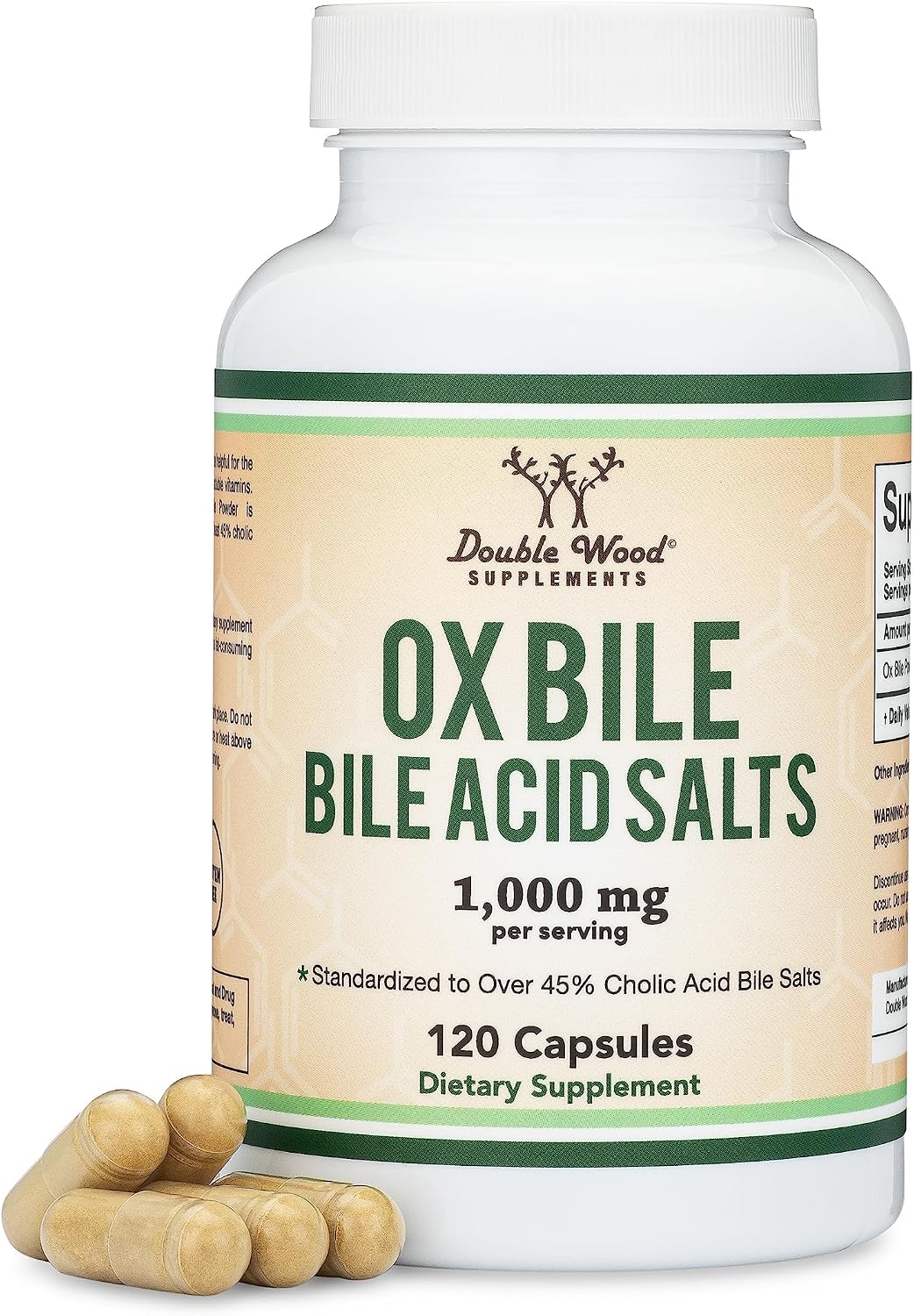 Double Wood Ox Bile Food Supplement - 1,000mg Per Serving (500mg per Capsule, 120 Capsules) - Standardised to 45% Cholic Acid Bile Salts - görsel 1