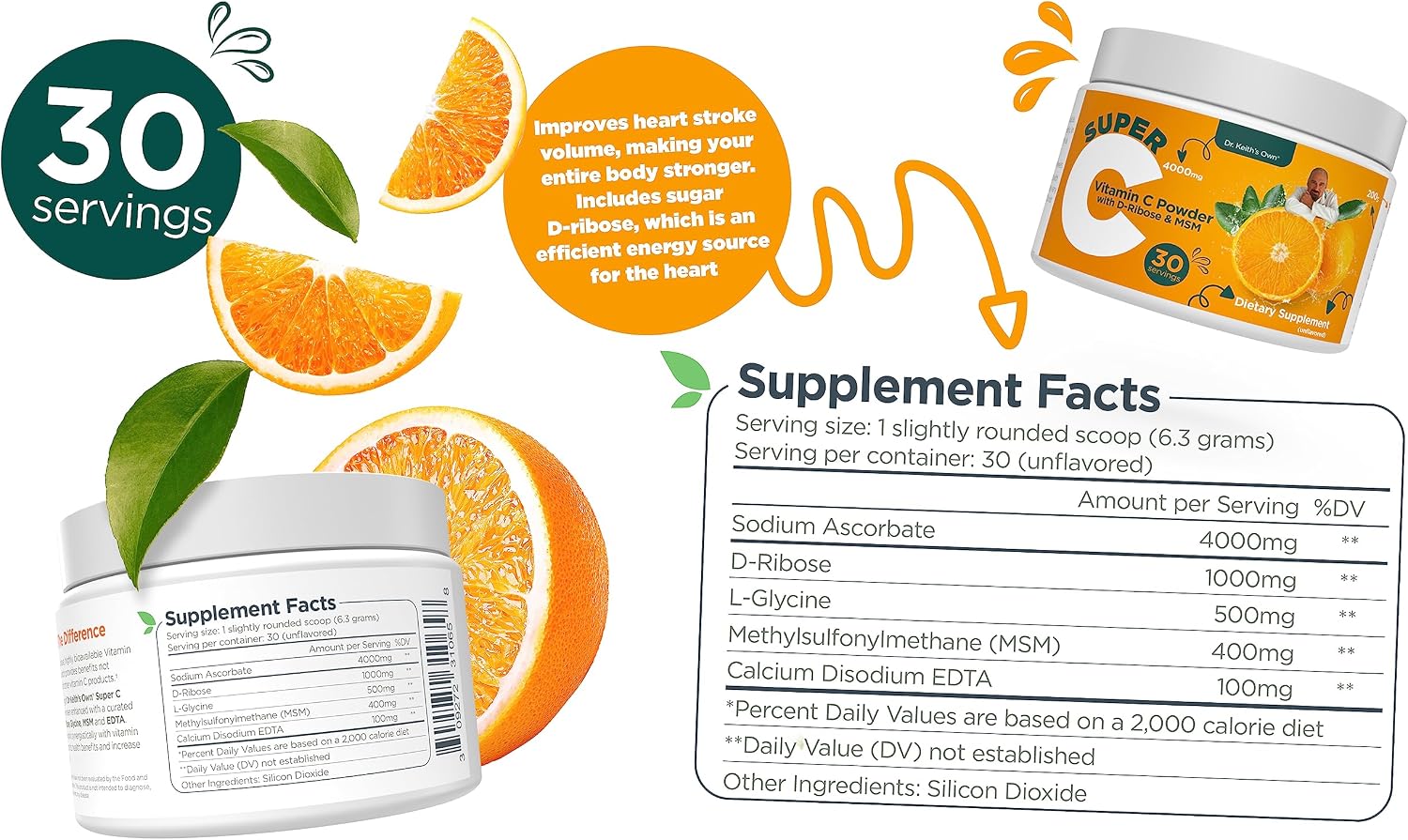 Dr. Keith's Own Super C - High-dose Powdered Vitamin C 4000mg with D-Ribose, Glycine, MSM - Unflavoured, 200 Grammes (30 Servings) - görsel 4