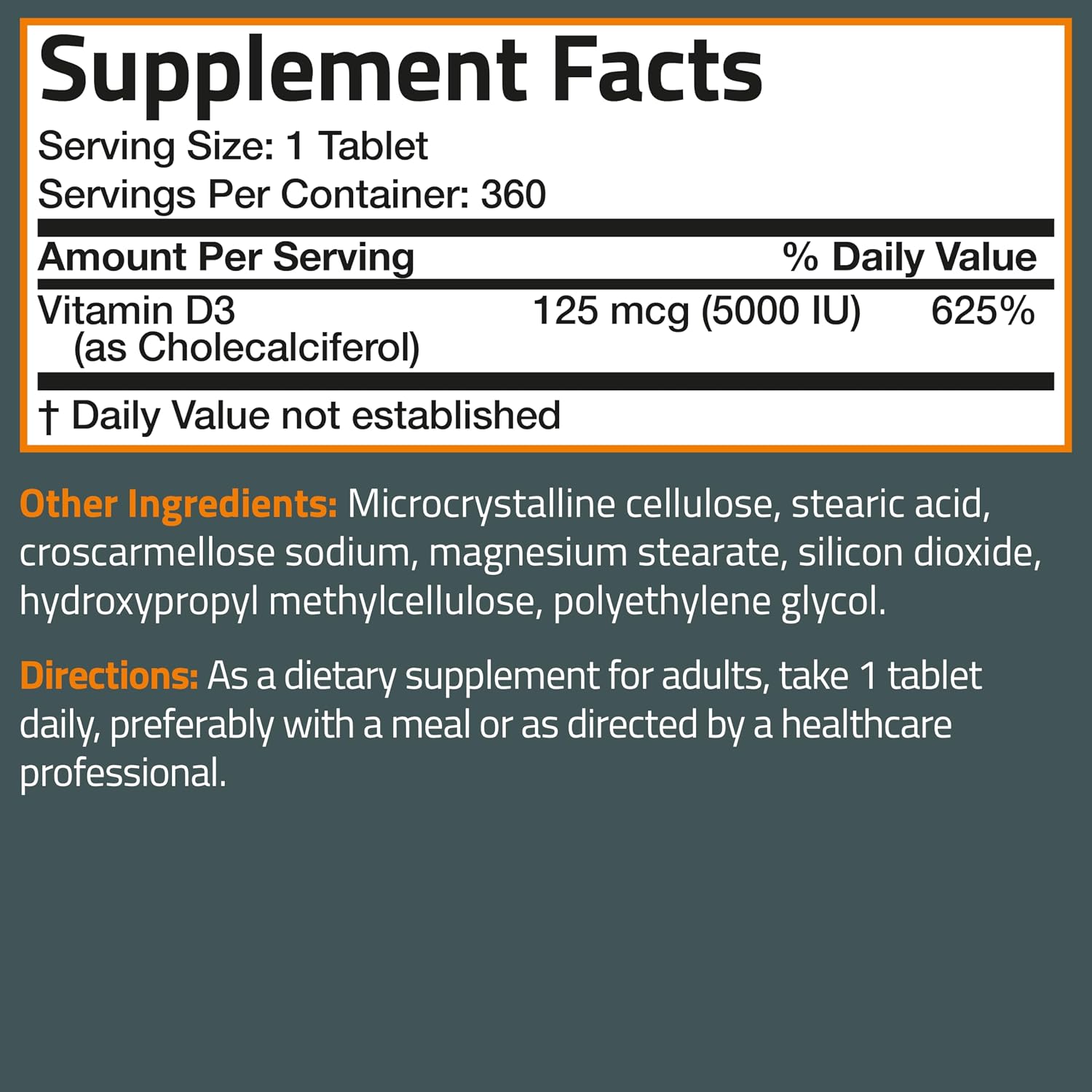 Bronson Vitamin D3 5000 IU (125mcg) Non-GMO Gluten-Free Soya-Free 360 Tablets - görsel 8