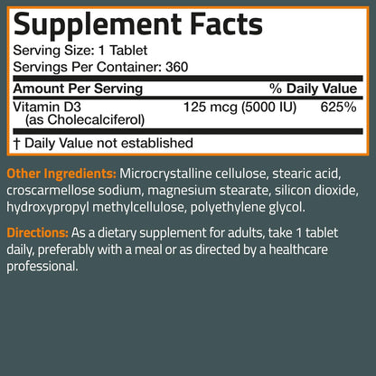 Bronson Vitamin D3 5000 IU (125mcg) Non-GMO Gluten-Free Soya-Free 360 Tablets