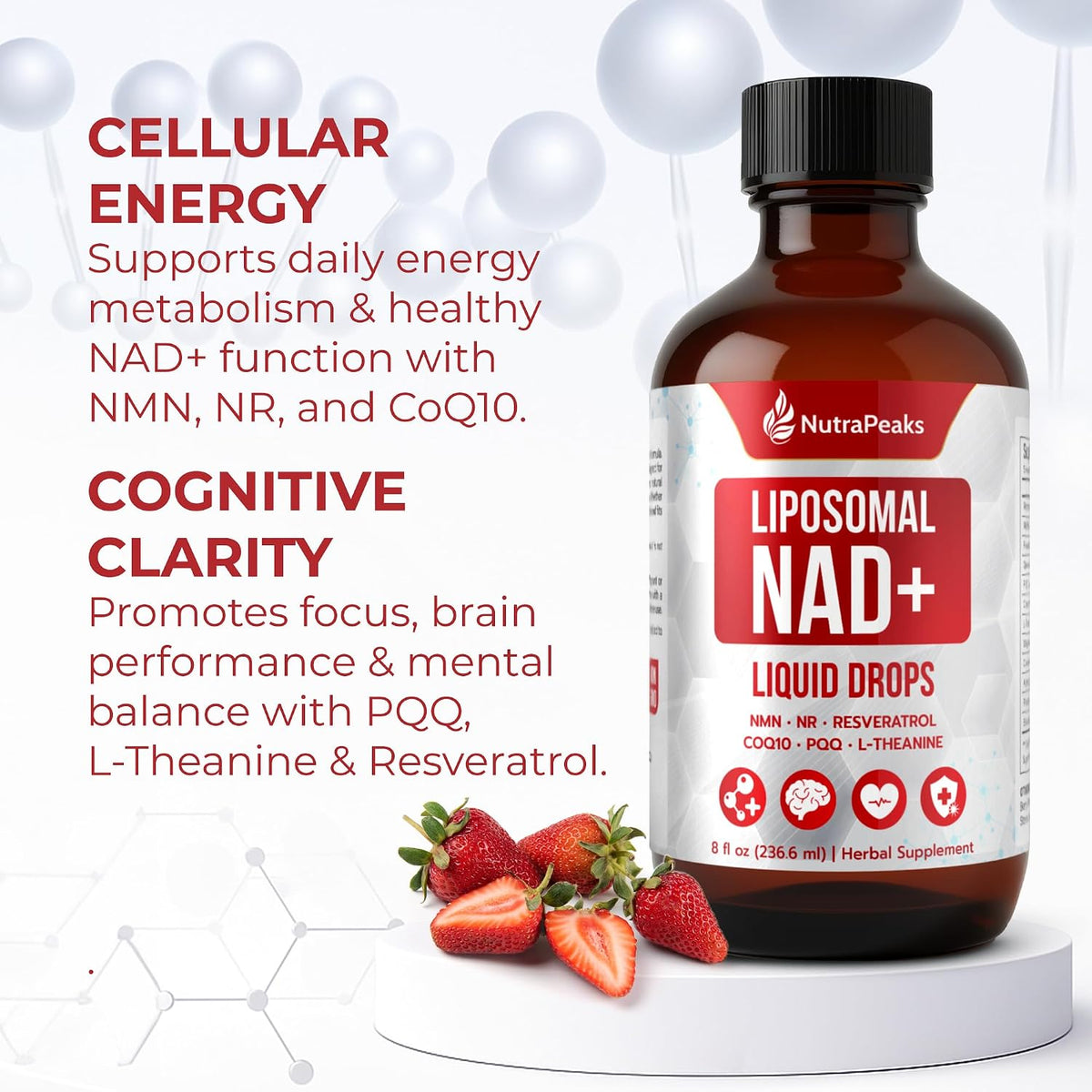NutraPeaks NAD+ Supplement Liquid - 1000mg Liposomal Formula with Nicotinamide Riboside, NMN, Resveratrol, PQQ, CoQ10, L-Theanine, Rhodiola Rosea - Berry Flavour Sticks for Cellular Energy, Focus, and Stress Balance - görsel 2