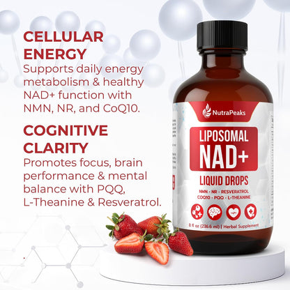 NutraPeaks NAD+ Supplement Liquid - 1000mg Liposomal Formula with Nicotinamide Riboside, NMN, Resveratrol, PQQ, CoQ10, L-Theanine, Rhodiola Rosea - Berry Flavour Sticks for Cellular Energy, Focus, and Stress Balance
