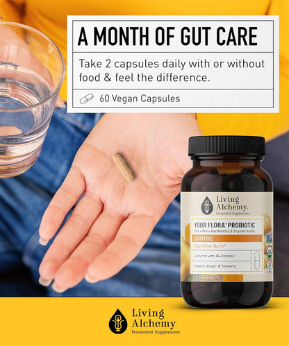 Your Flora Probiotic Soothe – Non-GM Probiotics with Fermented Soya, Ginger, & Turmeric for Gut Balance, Digestion & Support – 60 Capsules