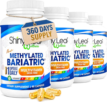 Shiny Leaf Methylated Bariatric Multivitamin Without Iron – Vitamins for Gastric Bypass & Sleeve, 1 Daily Capsule with Methylated Folate, B12, A, C, D, K & More. Vegetarian, Soya-Free, Made in the USA (180 Capsules)