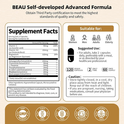 BBEEAAUU Cortisol Supplement - 10-in-1 Formula with Ashwagandha & Magnesium - 120 Capsules (2 Pack)