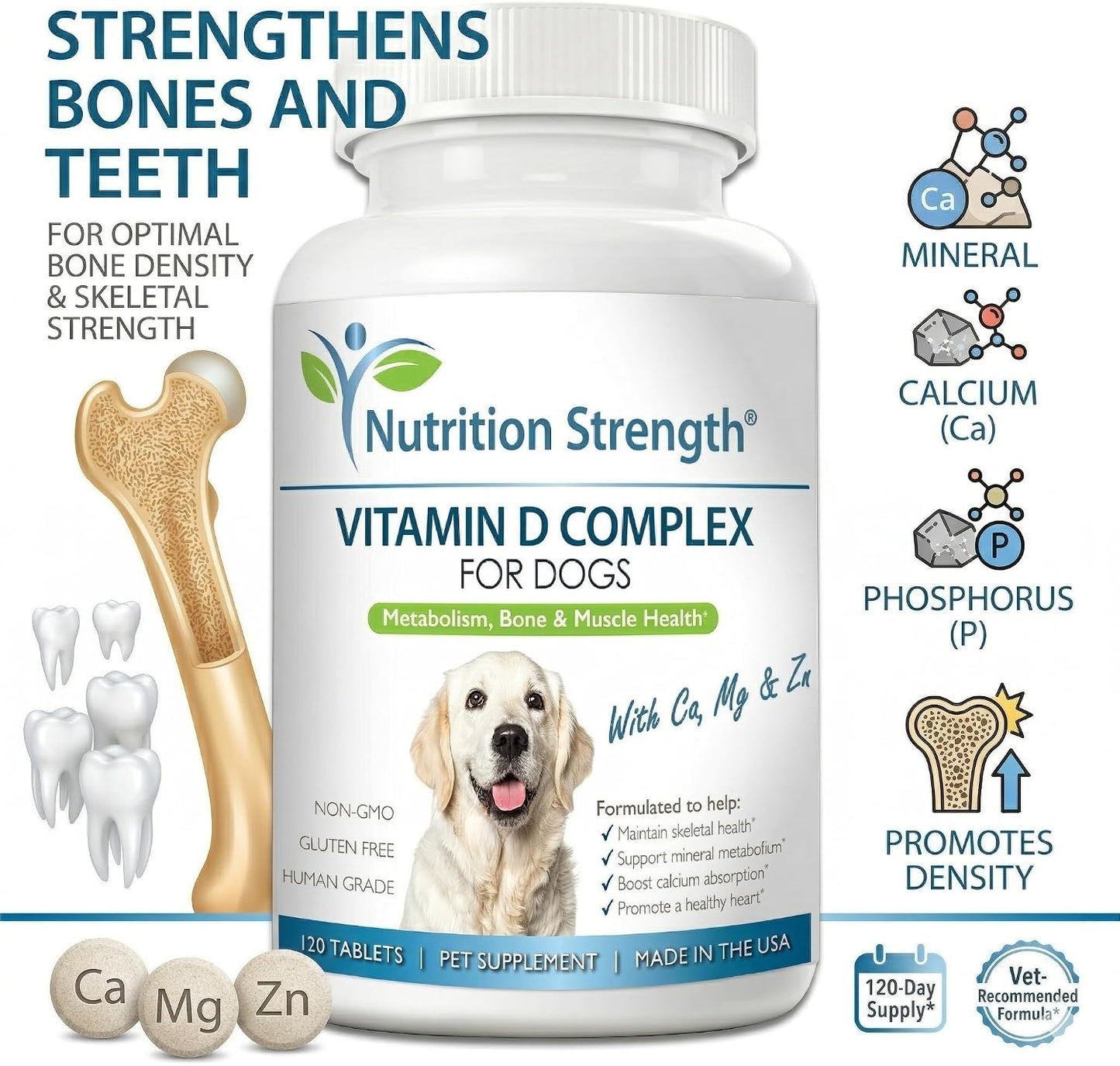 Nutrition Strength Vitamin D for Dogs with Calcium, Magnesium and Zinc - 120 Chewable Tablets - görsel 2