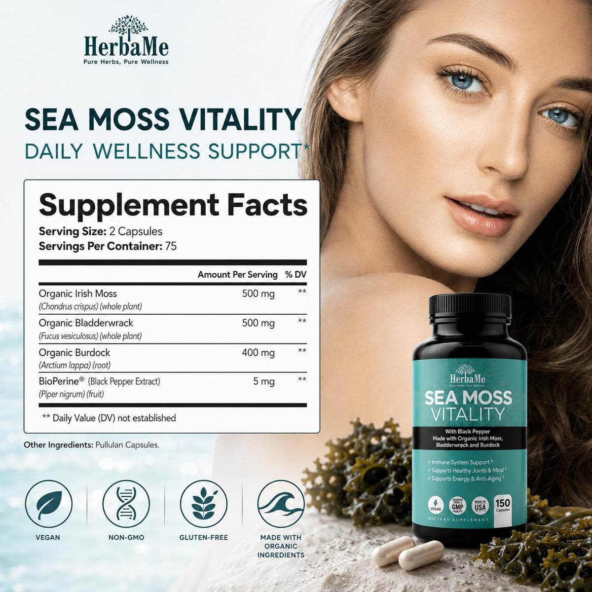 Organic Sea Moss Supplement with Bladderwrack & Burdock Root – Irish Moss with Black Pepper Extract, Daily Mineral Support for Energy & Wellness, 150 Capsules - görsel 8