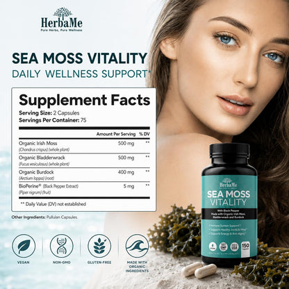 Organic Sea Moss Supplement with Bladderwrack & Burdock Root – Irish Moss with Black Pepper Extract, Daily Mineral Support for Energy & Wellness, 150 Capsules